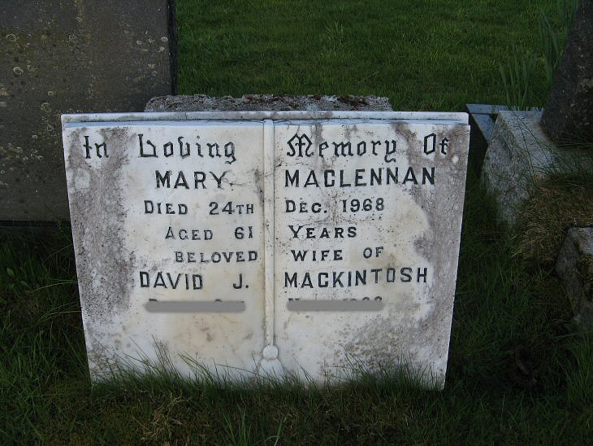 Photo of headstones/Mary MacLennan (Mackintosh) died 1968 MI Fodderty